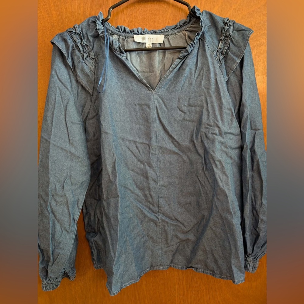 Fever Washed Blue V-Neck Long Sleeve Blouse